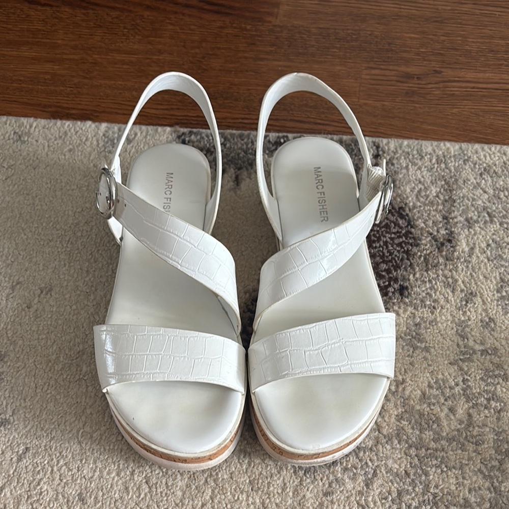 Marc Fisher Cream Croc-Embossed Sandals